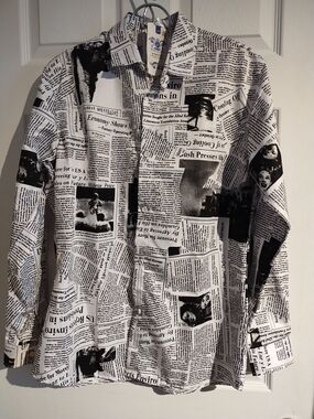 Newspaper Print Button-Up Shirt - Black & White